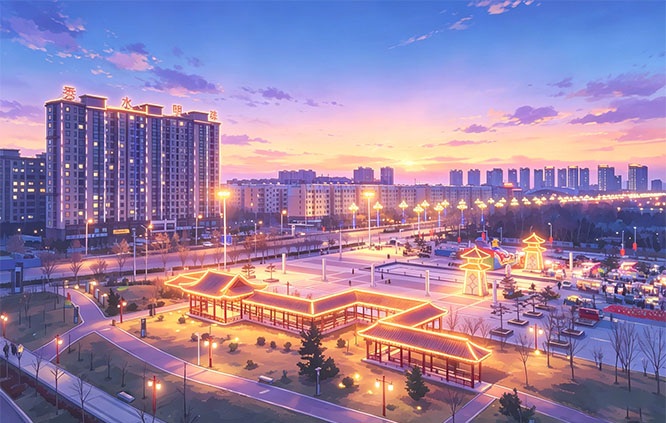 夜晚的硝河畔，公园里的灯光为夜晚涂色